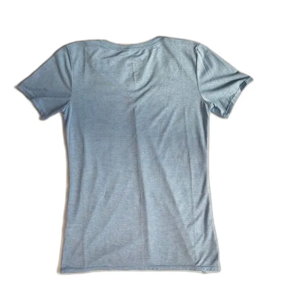 Nike Women's S V-Neck Legend Dri-Fit Blue White Stripe T-shirt Short Sleeve Tee